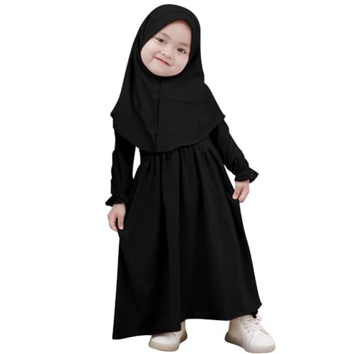 IWEMEK Newborn Infant Muslim Dress for Baby Girls Abaya Prayer Dress with Hijab Toddler Kids Long Sleeve Islamic Kaftan Two Piece Set Middle East Arabian Dubai Outfit 1st Ramadan Eid Clothes Black 0-6 Months - Image 1