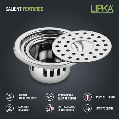 LIPKA Round Floor Drain |304-Grade Stainless Steel |5 Inches| with Cockroach Trap/Jali & Hole | - Image 3