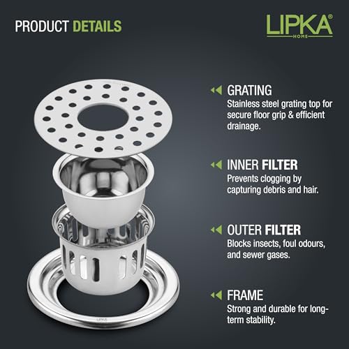 LIPKA Round Floor Drain |304-Grade Stainless Steel |5 Inches| with Cockroach Trap/Jali & Hole | - Image 4