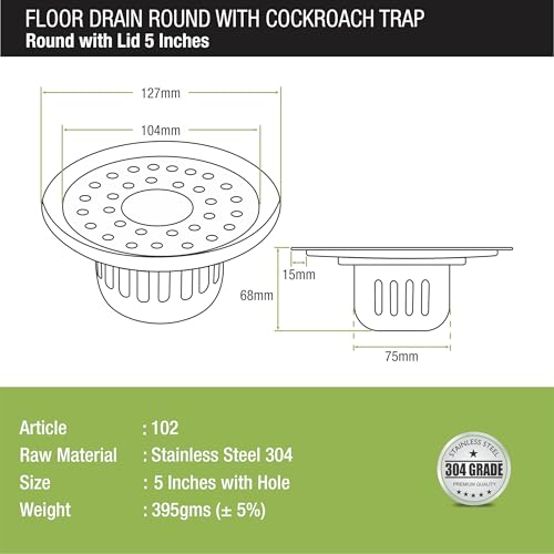 LIPKA Round Floor Drain |304-Grade Stainless Steel |5 Inches| with Cockroach Trap/Jali & Hole | - Image 2
