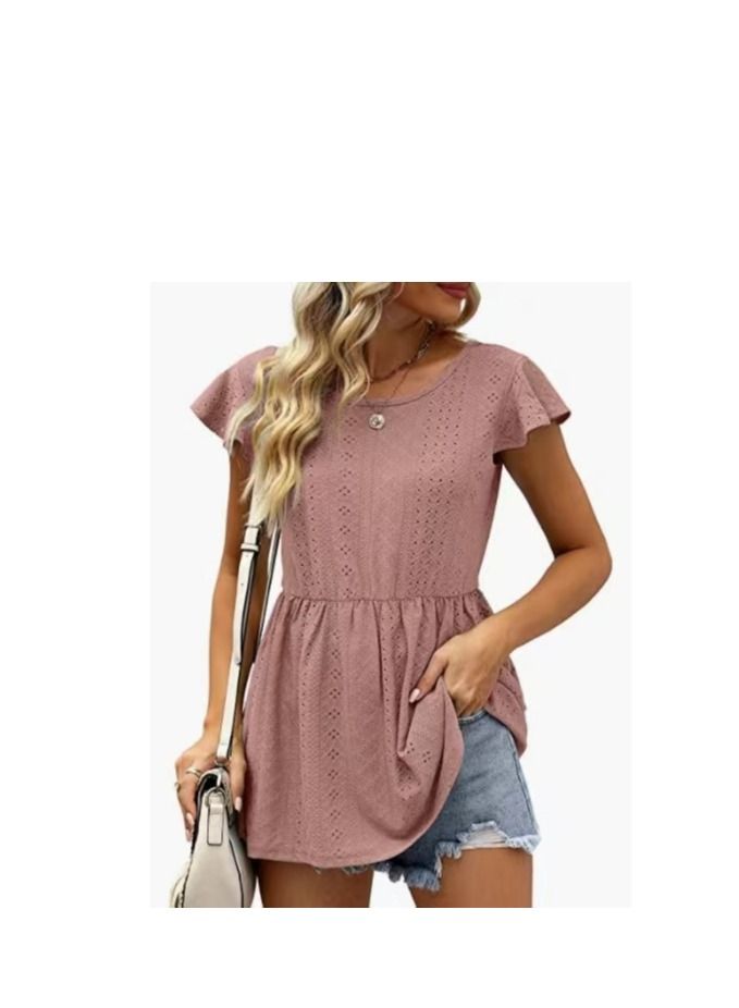 Loquat Women's Summer New Hollowed Out Waist Lotus Sleeve Casual Shirt 