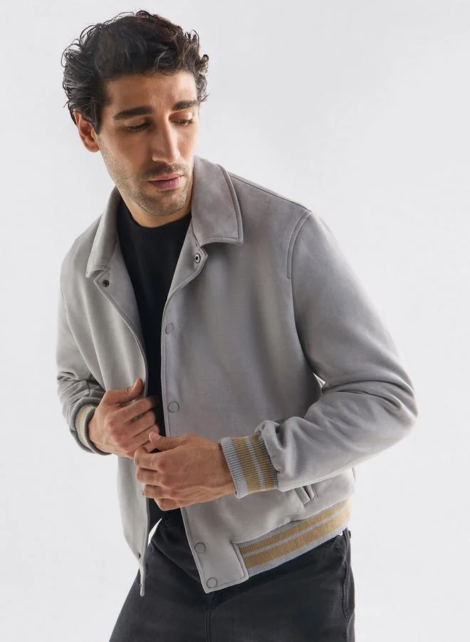 Striped Collared Varsity Jacket with Long Sleeves and Button Closure