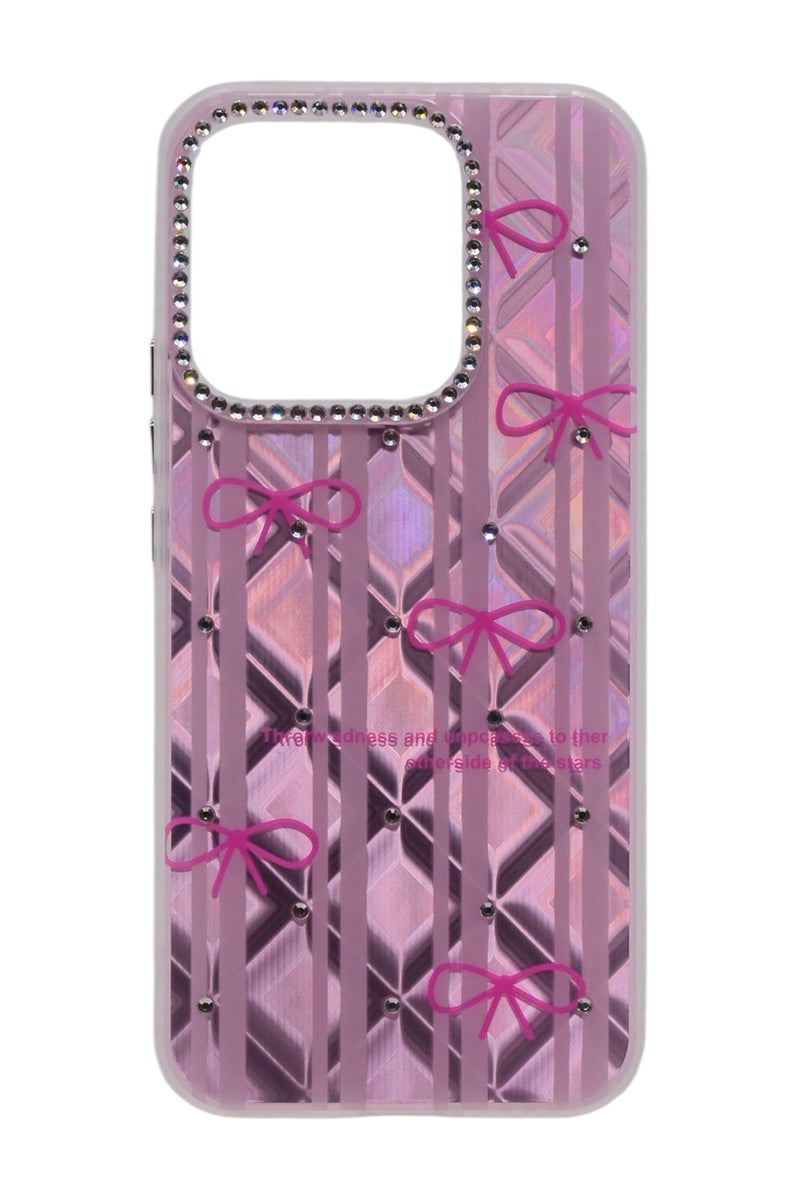 CFS TPU Bows Printed Back Cover Case with Rhinestone Camera Border For HONOR X8C - Pink Transparent - Image 1