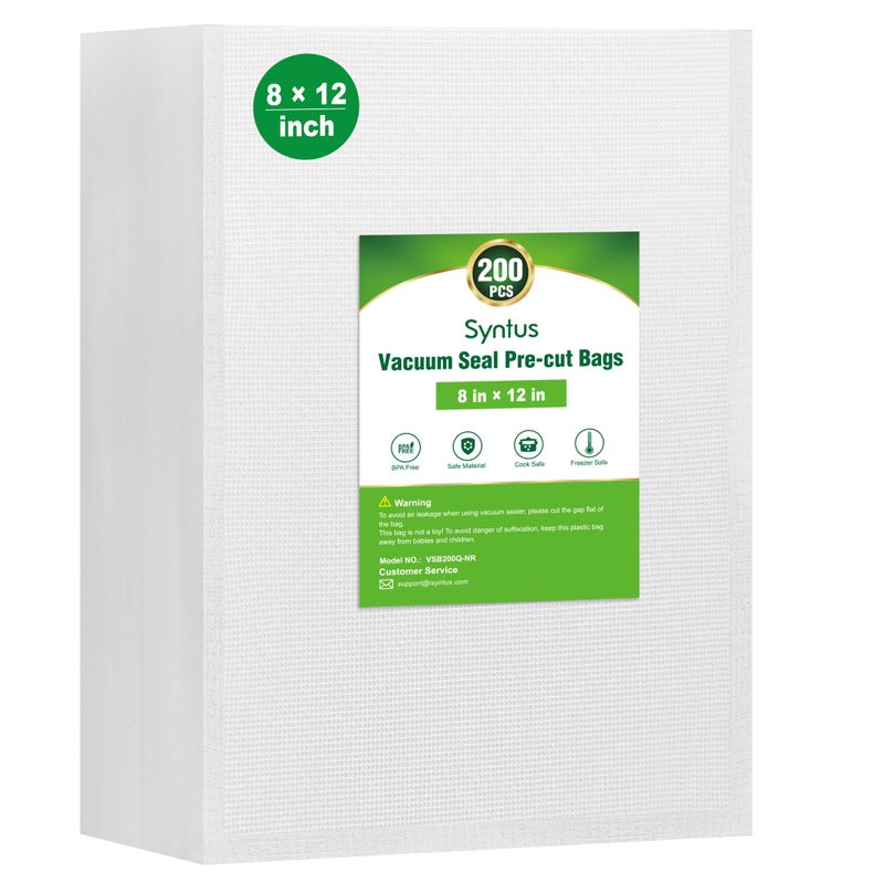 Syntus Vacuum Sealer Bags for Food, 200 Count Quart 8" x 12" Commercial Grade PreCut Bag, BPA Free Food Vac Bags for Storage, Meal Prep or Sous Vide - Image 1