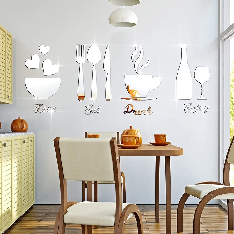 Incrizma Kitchen Logo Mirror Wall Sticker Fork Spoon Bowl Tea Cup Bottle 3D Acrylic Mirror DIY Mirror Decoration Kitchen Logo Detachable Mural Sticker, Dining Room, Coffee Shop, Bar (Silver) - Image 5