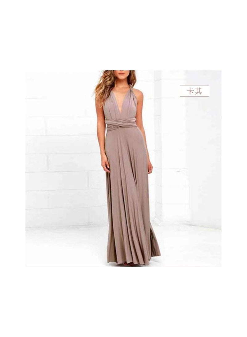 1-Piece Women's Deep V Neck Backless Party Dresses,Multi-Way Wrap Cocktail Evening Party Prom Dress,Size S,Colour Khaki - Image 1