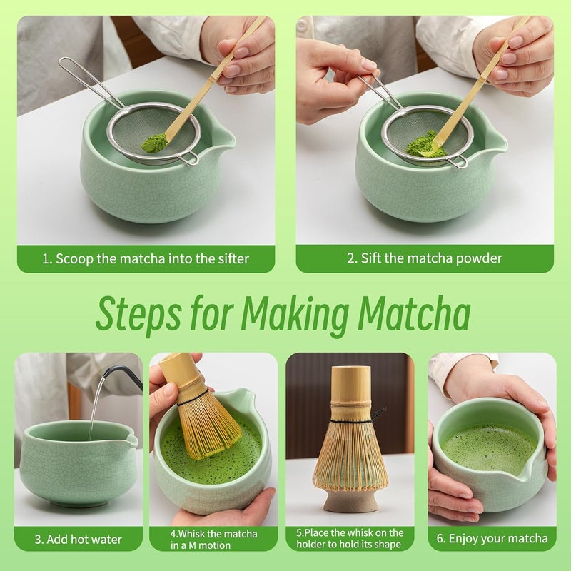 TEANAGOO Matcha Set, 7 Pcs Matcha Whisk Set, Matcha Kit for Ceremony, Matcha Tea Set for Making Breakfast/Latte, Green Matcha Bowl(Chawan) Whith Spout and Whisk, Gift for Matcha Lover - Image 5