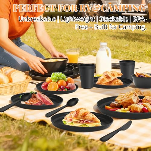 Blwan 40 Piece RV and Camping Dinnerware Set, Microwave Safe Plates and Bowls Set for 8 with Cutlery, Lightweight & Unbreakable, The Perfect Melamine Alternative Black - Image 3