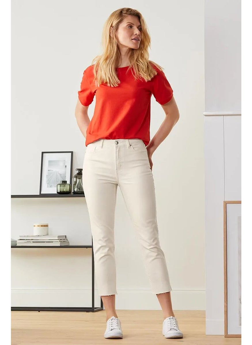 Tchibo Women Straight Fit Plain Straight Leg Pants, Cream  - Image 1