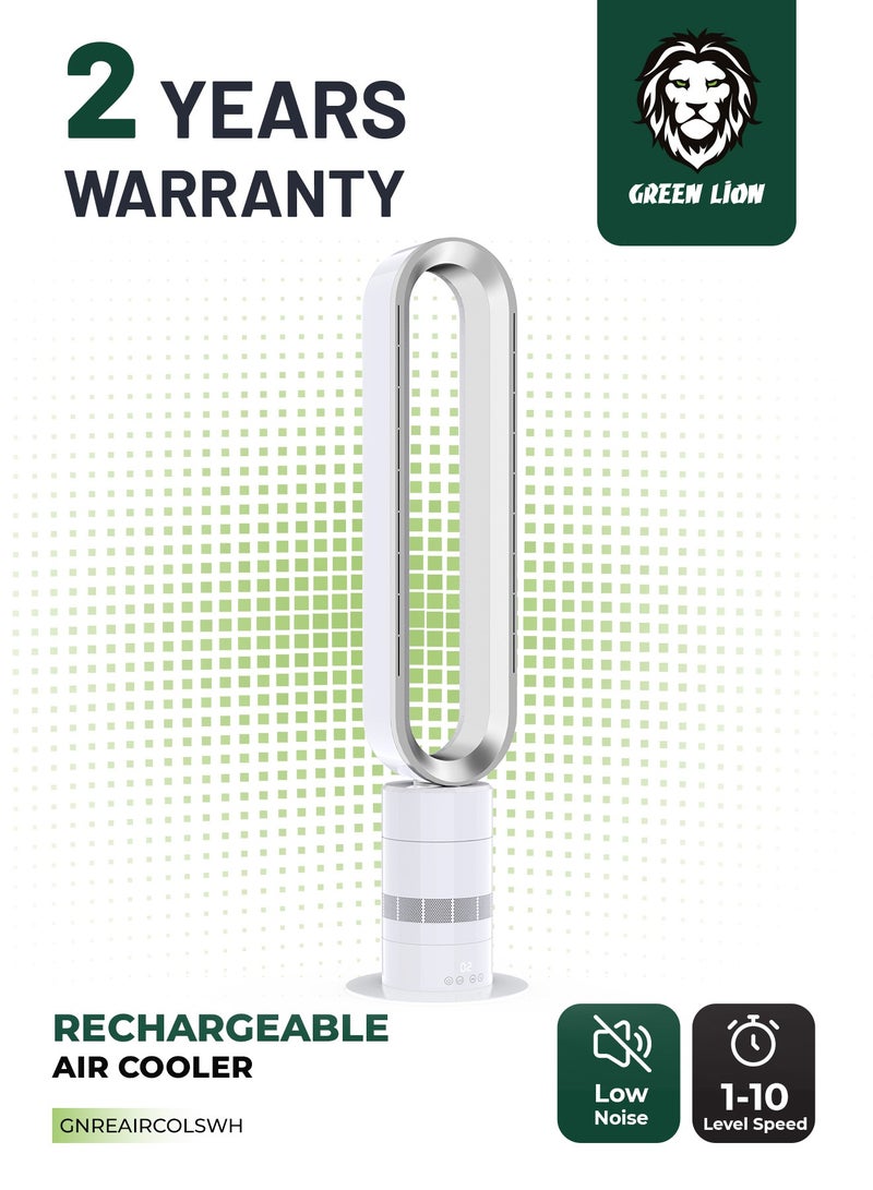 GREEN LION Rechargeable Air Cooler / Natural Wind for Pregnant Women & Babies / UK Plug Adapter / 1-10 Level Speed /Bladeless Fan with DC Brushless Motor / Leafless Safe / 6200 RPM / LCD Touchscreen / Energy Saving - Silver & White