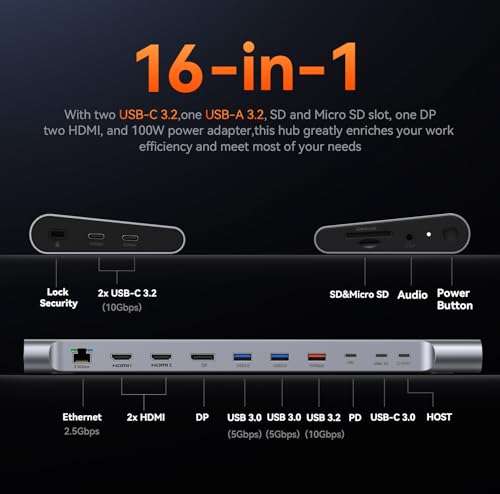 TobenONE Laptop Docking Station 3 Monitors 16in1 USBC 3 Display 4k 2X HDMI 1x DP 6X USB Ports 3X 10Gbps 3X 5Gbps 100W PD 25Gbps Audio SDTF for DellHPLenovo Home Office - Image 3