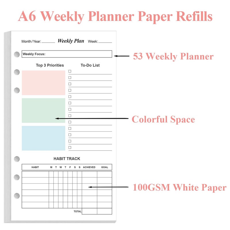Yaridar (2-Pack) A6 Weekly Planner Refills for Filofax Personal Binders, 106 Sheets/212 Pages Undated Colorful Weekly Planner, 6-Hole Punched, 100 gsm White Paper, Last 2 Year, 3.75" x 6.75" - Image 5