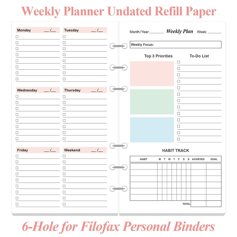 Yaridar (2-Pack) A6 Weekly Planner Refills for Filofax Personal Binders, 106 Sheets/212 Pages Undated Colorful Weekly Planner, 6-Hole Punched, 100 gsm White Paper, Last 2 Year, 3.75" x 6.75" - Image 2