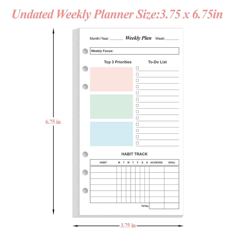 Yaridar (2-Pack) A6 Weekly Planner Refills for Filofax Personal Binders, 106 Sheets/212 Pages Undated Colorful Weekly Planner, 6-Hole Punched, 100 gsm White Paper, Last 2 Year, 3.75" x 6.75" - Image 4