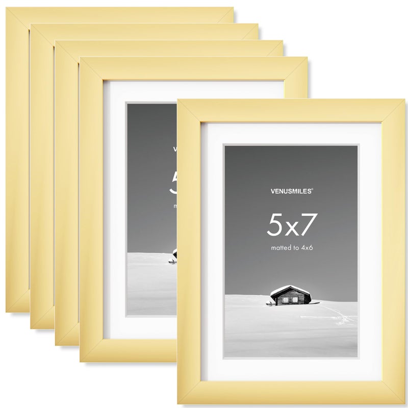 Venusmiles 5x7 inch Picture Frame  5x7 Photo Frames with 4x6 Removable Mat - High Definition Plexiglass - Vertical and Horizontal Display - Wall Hanging Frame - Gold  5 Pack - Image 1