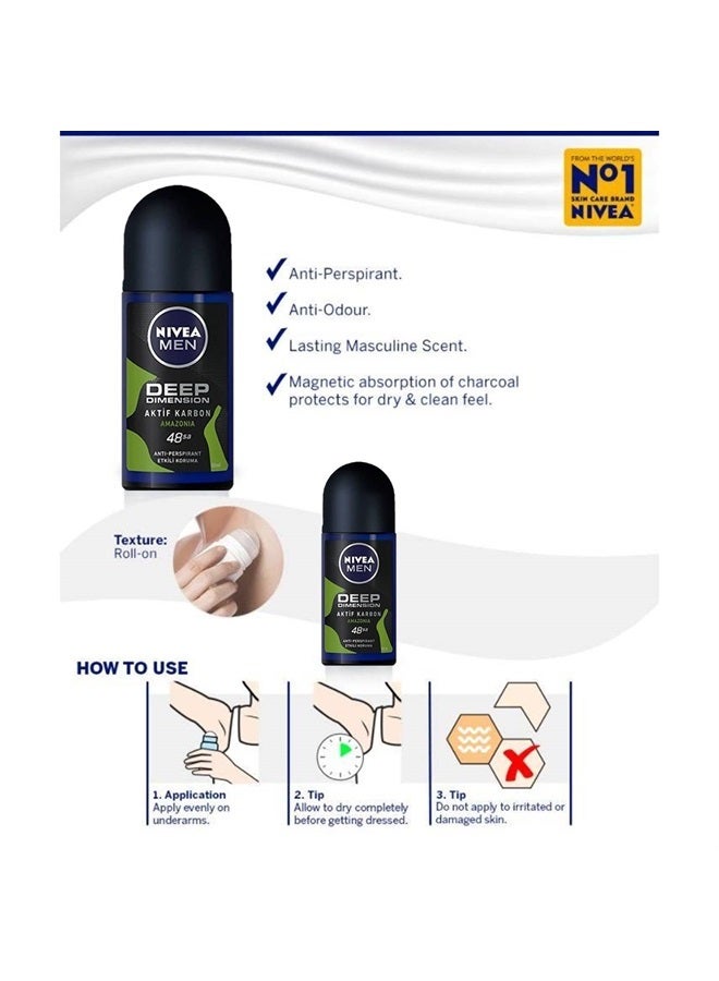 Nivea For Men Deodorant Roll-On Dimension - Amazonia, Anti Perspirant, 48h 1.7oz/50ml (Pack of 3 ) (Amazonia) - Image 1