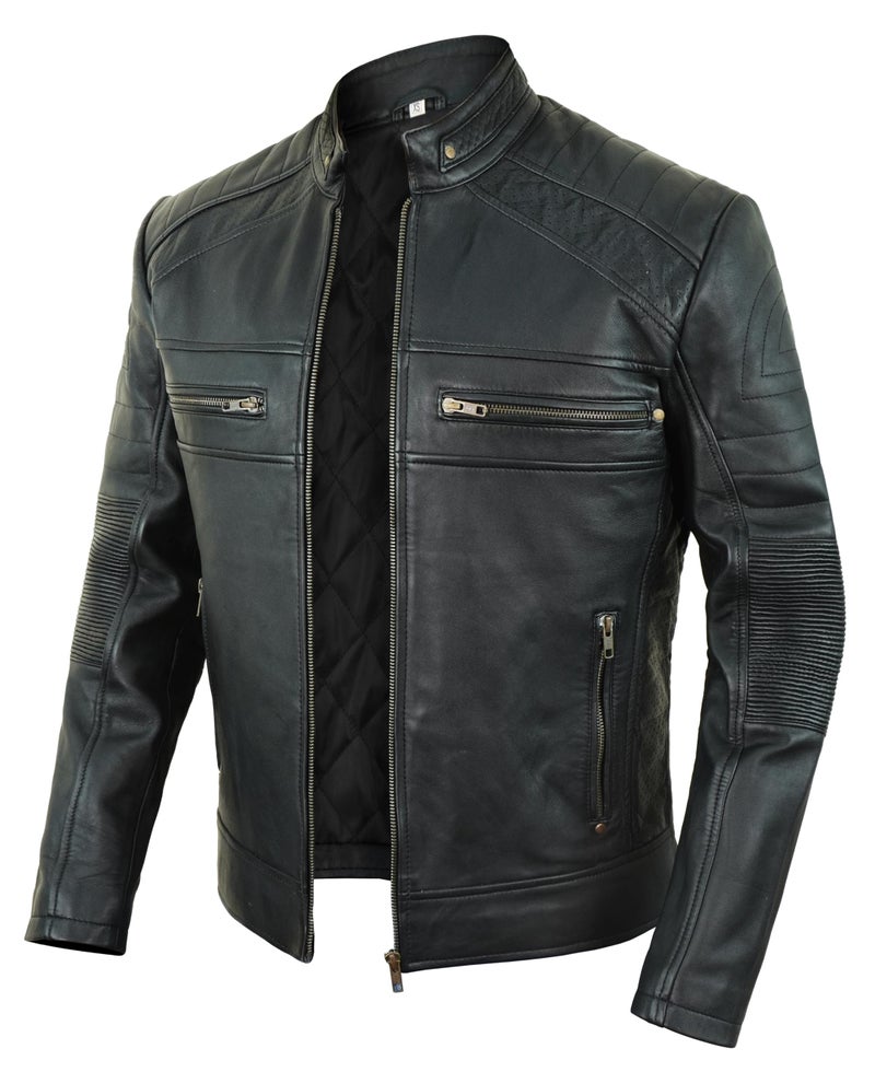 Generic STOREJEES Cafe Racer Leather Jacket Men - Biker Style Moto Racer Mens Leather Motorcycle Jacket, Cafe Racer - Black, M  - Image 2