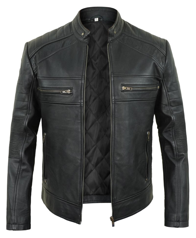 Generic STOREJEES Cafe Racer Leather Jacket Men - Biker Style Moto Racer Mens Leather Motorcycle Jacket, Cafe Racer - Black, M  - Image 1