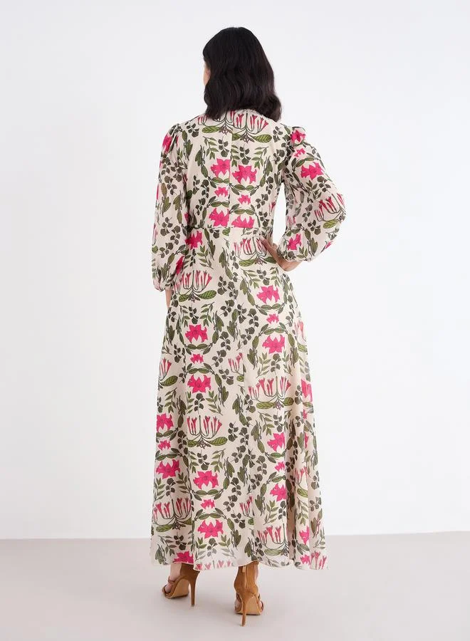 Styli Tie-Up Neck All Over Print Maxi Dress