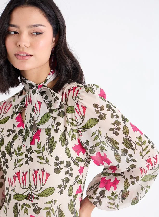 Styli Tie-Up Neck All Over Print Maxi Dress
