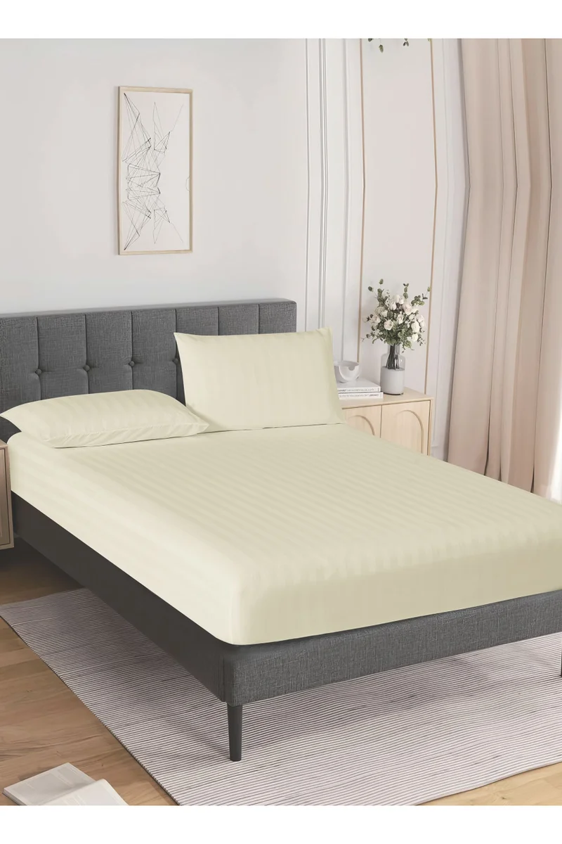 Donetella 3-Piece Striped Bedding Set – Queen Fitted Sheet 150x200+30 cm with All-Around Elastic &amp; 2 Matching Pillowcases