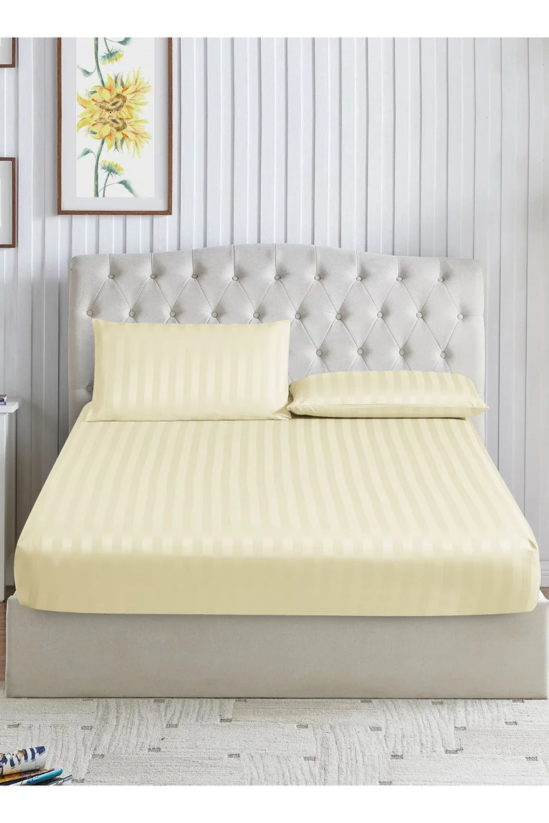 Donetella 3-Piece Striped Bedding Set – Queen Fitted Sheet 150x200+30 cm with All-Around Elastic &amp; 2 Matching Pillowcases