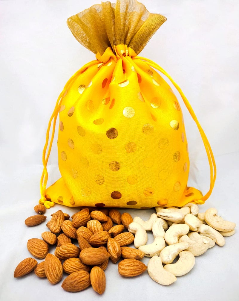 3A FEATURETAIL Fabric 18Cm X 25Cm Large Polka Dot Drawstring Bags Pouches Potli For Gift Wedding Jewelry Packaging Bridal Party Favors For Women (15Pc Set, Yellow Color With Golden Dot) - Image 2