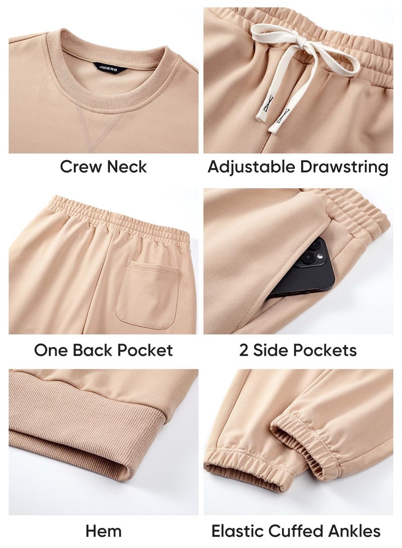 JMIERR 2 Piece Comfiest Airport Outfits Long Sleeve Crew Neck Essentials Pants Sweatshirt Joggers Sweatpants Track Suits Set Fall Casual Tracksuit Sweatsuits Couple Matching Sets, L, Beige - Image 5