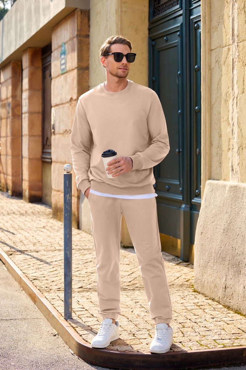 JMIERR 2 Piece Comfiest Airport Outfits Long Sleeve Crew Neck Essentials Pants Sweatshirt Joggers Sweatpants Track Suits Set Fall Casual Tracksuit Sweatsuits Couple Matching Sets, L, Beige - Image 3