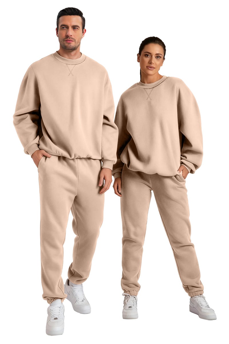 JMIERR 2 Piece Comfiest Airport Outfits Long Sleeve Crew Neck Essentials Pants Sweatshirt Joggers Sweatpants Track Suits Set Fall Casual Tracksuit Sweatsuits Couple Matching Sets, L, Beige - Image 2