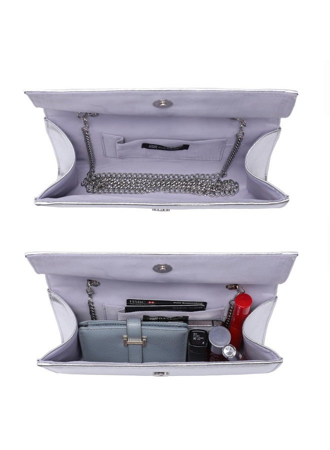 داسين حقيبة سهرة نسائية من داسين، كلاتش لامع، حقيبة زفاف، حقيبة يد لامعة لحفلات الكوكتيل والحفلات الراقصة (بولي يوريثين فضي) - Image 3