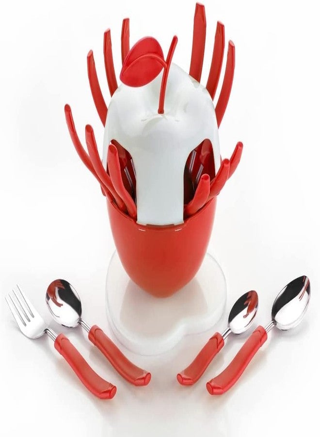 UNLOCK® Apple Shape Cutlery Set Stainless Steel 16 Pieces | 4 Tea Spoons, 4 Dessert Spoons, 4 Dessert Forks, 4 Soup with Stand | Durable Dining Table Cutlery Set for Home & Kitchen – Red