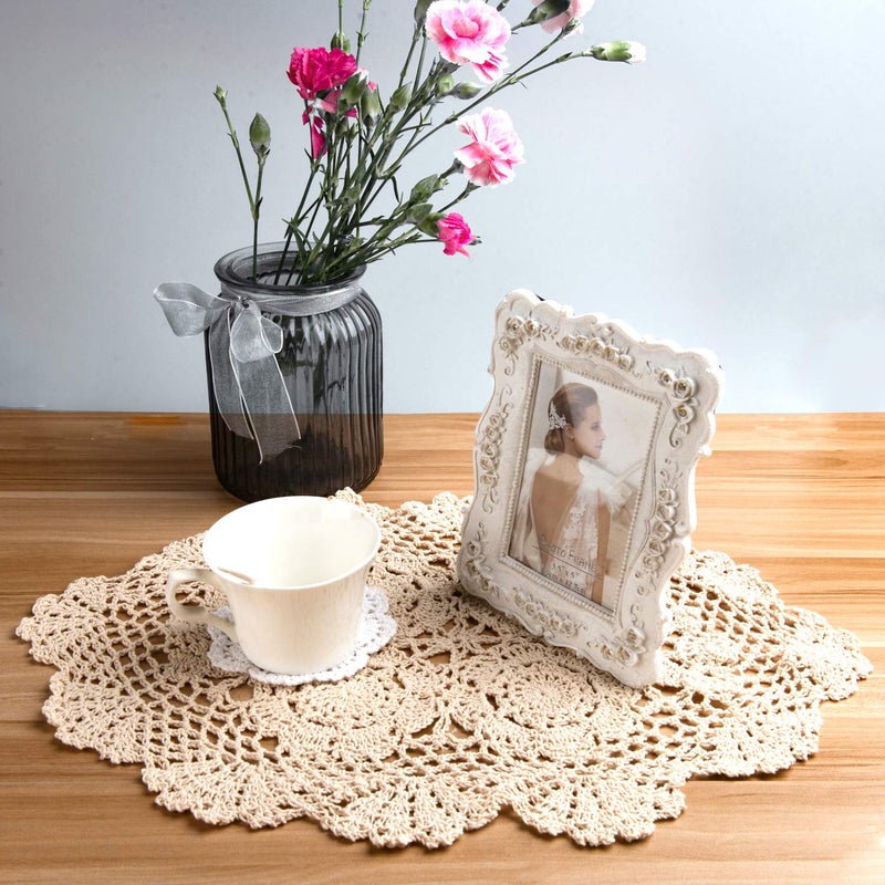 Eiyye 2-Pieces Handmade Cotton Crochet Doilies Oval Lace Table Placemats 12 x17inch, Beige - Image 4