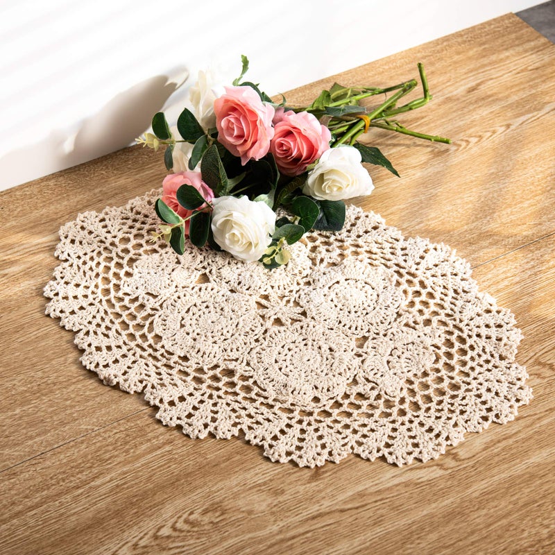 Eiyye 2-Pieces Handmade Cotton Crochet Doilies Oval Lace Table Placemats 12 x17inch, Beige - Image 5