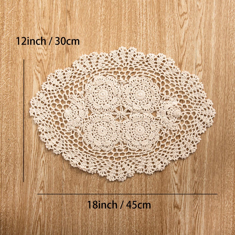 Eiyye 2-Pieces Handmade Cotton Crochet Doilies Oval Lace Table Placemats 12 x17inch, Beige - Image 2
