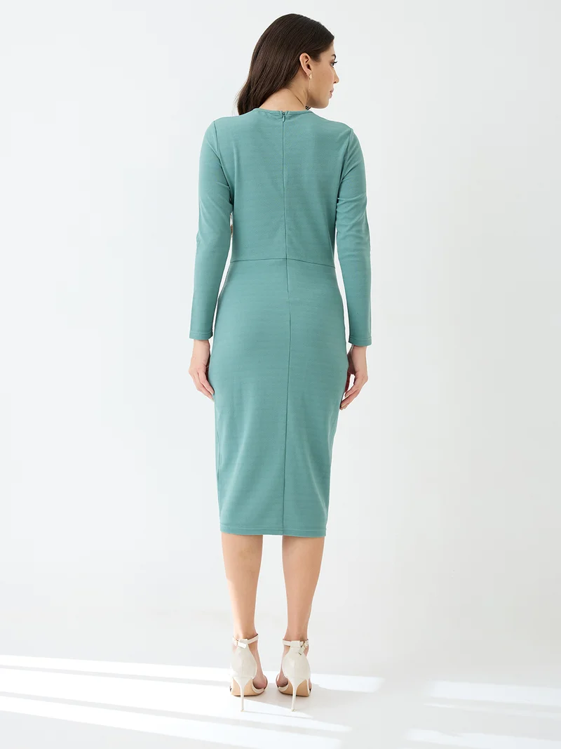 globus Women Mint Green Round Neck Long Sleeves Solid Twisted Detail Midi Bodycon Party Dress