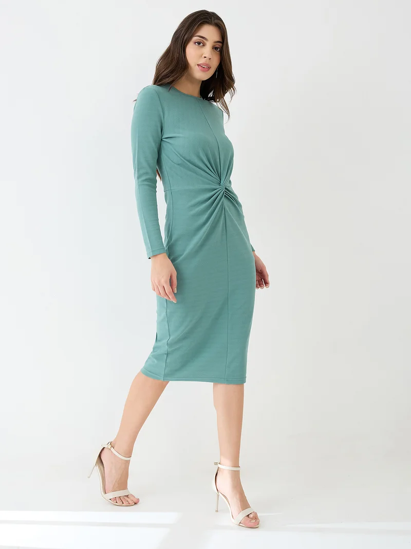 globus Women Mint Green Round Neck Long Sleeves Solid Twisted Detail Midi Bodycon Party Dress