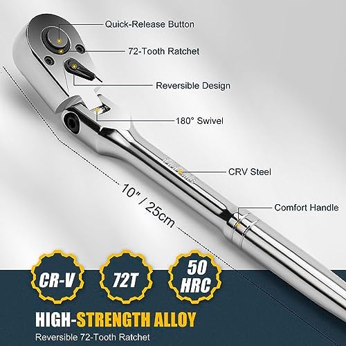 YIYEIE 3/8" Drive Flex Head Ratchet, 72 Tooth Swivel Head Ratchet, Quick-Release, CR-V Steel, Flexible Ratchet Wrench with EVA Foam | 10 Inch Long - Image 5