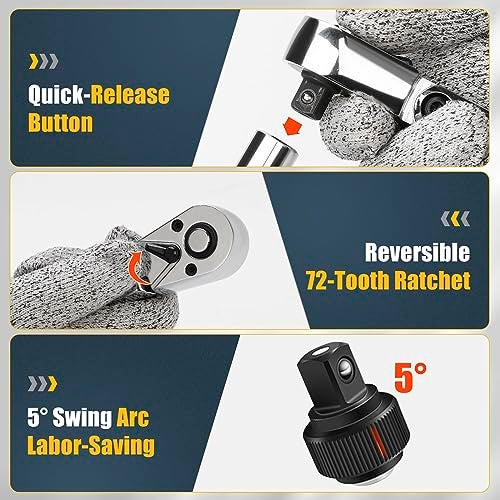 YIYEIE 3/8" Drive Flex Head Ratchet, 72 Tooth Swivel Head Ratchet, Quick-Release, CR-V Steel, Flexible Ratchet Wrench with EVA Foam | 10 Inch Long - Image 4