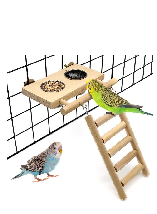 Bird Food Stainless Steel Cups Wooden Perch Stand, Hanging Feeder Bowls, Hanging Bird-Feeder, Feeding and Watering Supplies for Parakeets Conures Cockatiels Budgie Parrot - Image 1