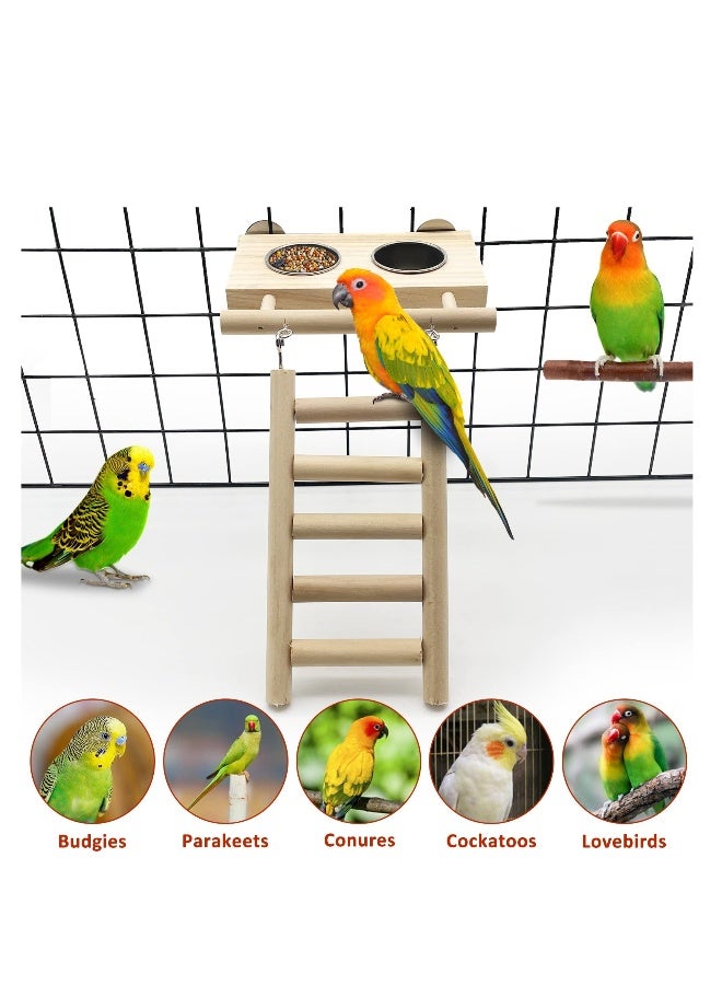 Bird Food Stainless Steel Cups Wooden Perch Stand, Hanging Feeder Bowls, Hanging Bird-Feeder, Feeding and Watering Supplies for Parakeets Conures Cockatiels Budgie Parrot - Image 5