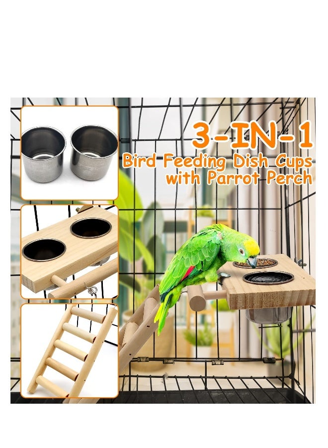 Bird Food Stainless Steel Cups Wooden Perch Stand, Hanging Feeder Bowls, Hanging Bird-Feeder, Feeding and Watering Supplies for Parakeets Conures Cockatiels Budgie Parrot - Image 2