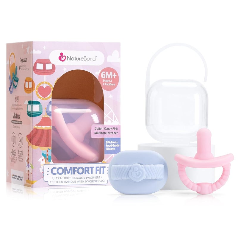 NatureBond Baby Pacifier Soother Silicone Binky Newborn Teether Pacifiers 2 in 1 Curved for Comfort  Hygiene Cover Above 6 Months Cotton Candy Pink and Macaron Lavender - Image 1