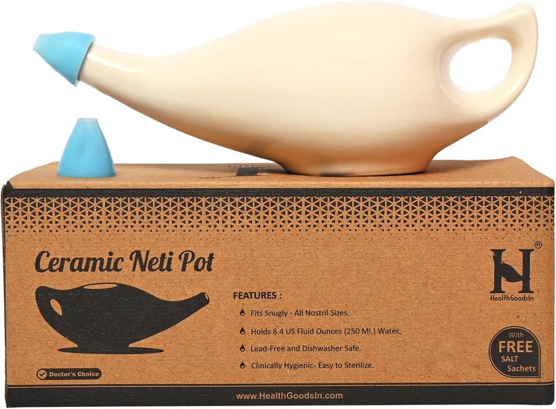 HealthGoodsIn HealthGoodsIn Ceramic Neti Pot, Dishwasher Safe, Premium Handcrafted with 2 Silicone Nozzle and Salt for Sinus - 225 Ml. Capacity (Cream) 
