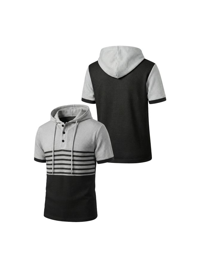 European And American Men's Summer Hooded Color-blocking Striped Casual Sports Big Size American Short-sleeve Polo Shirt