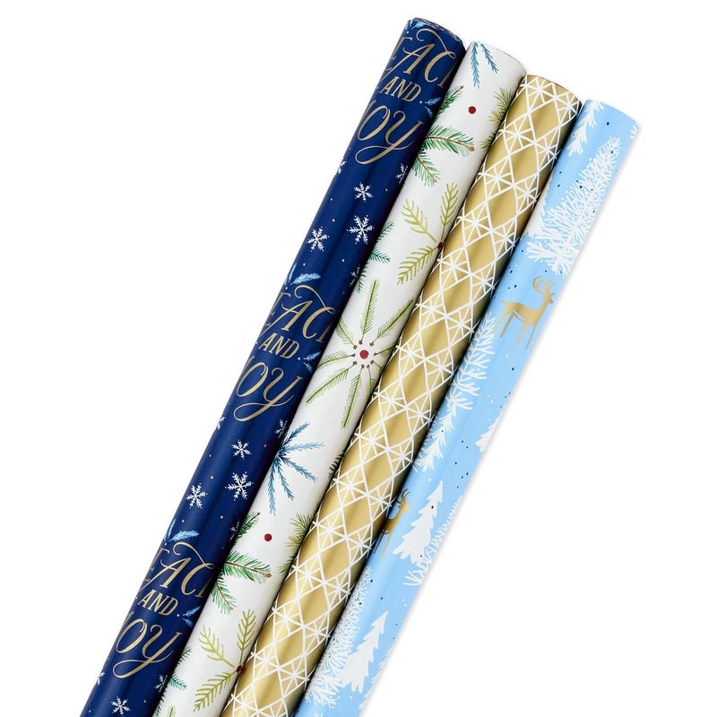 Hallmark Holiday Wrapping Paper Bundle with Cut Lines on Reverse Elegant Woodland Pack of 4 120 sq ft TTL Peace and Joy Deer Pinecones Snowflakes Blue Gold