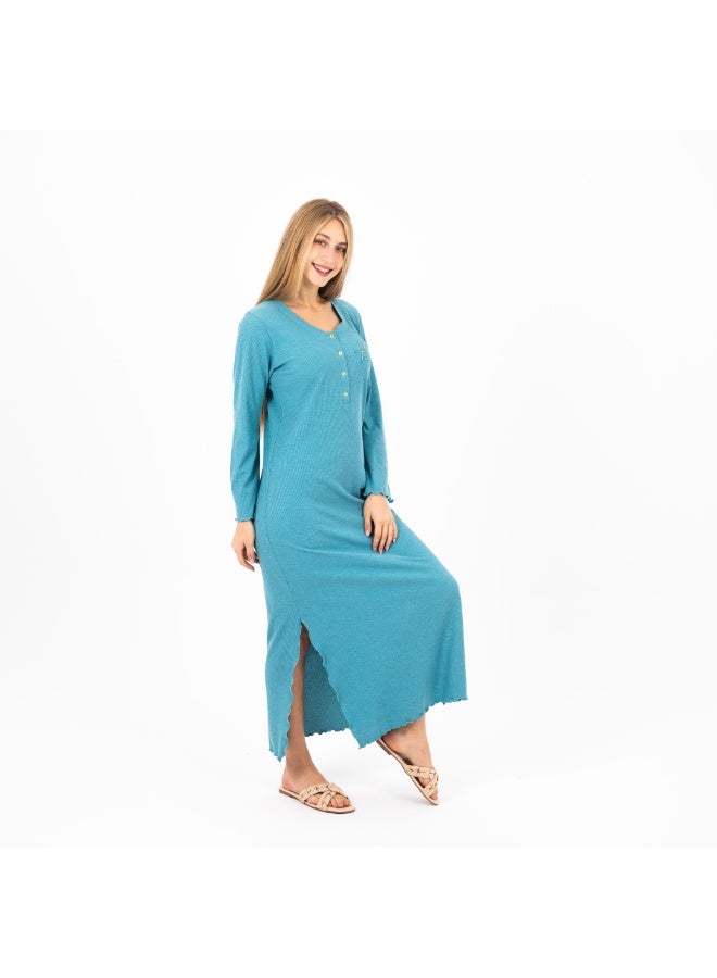 زيكوتكس  جلابية نسائية قطن ريب (Ribbed) طويلة - أكمام واسعة وتفاصيل كشكشة أنيقة - لون فيروزي جذاب. - Image 2