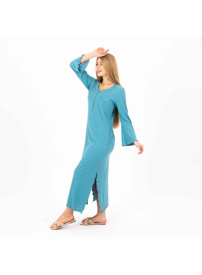 زيكوتكس  جلابية نسائية قطن ريب (Ribbed) طويلة - أكمام واسعة وتفاصيل كشكشة أنيقة - لون فيروزي جذاب. - Image 3
