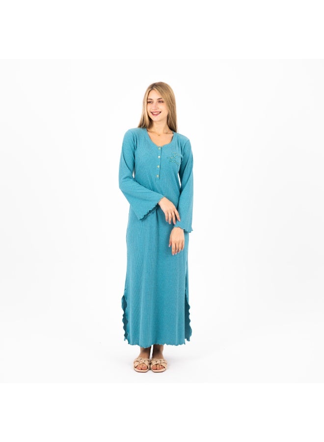 زيكوتكس  جلابية نسائية قطن ريب (Ribbed) طويلة - أكمام واسعة وتفاصيل كشكشة أنيقة - لون فيروزي جذاب. - Image 1
