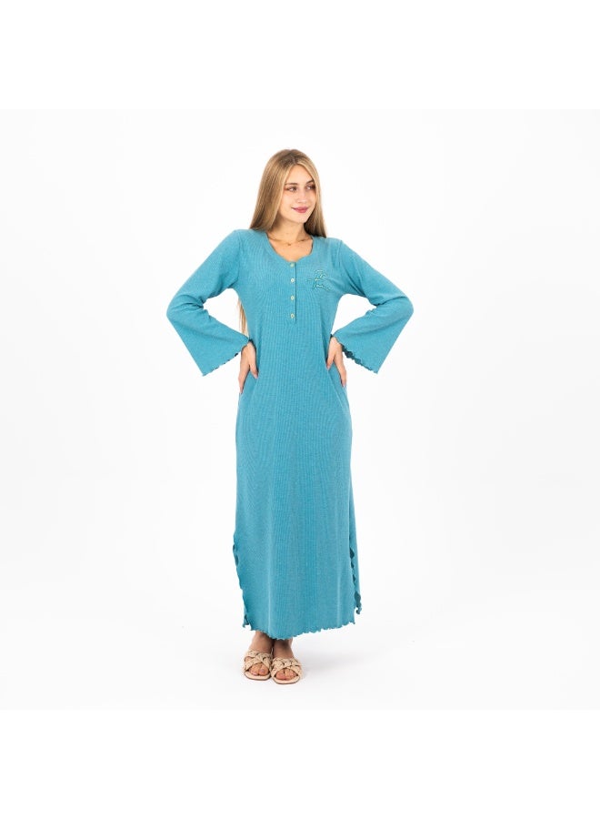 زيكوتكس  جلابية نسائية قطن ريب (Ribbed) طويلة - أكمام واسعة وتفاصيل كشكشة أنيقة - لون فيروزي جذاب. - Image 4